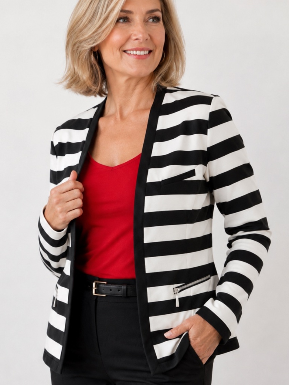 Nine West - Black and White Striped Open-Front Ponte Jacket Blazer - Sz6